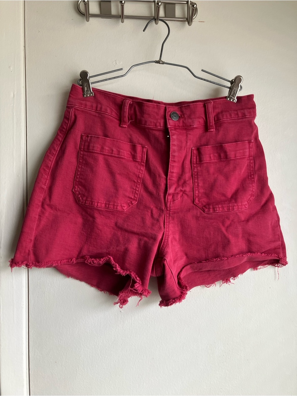 Madewell High Rise Red Denim Shorts Size 27 Waist Patch Pockets Raw Edge